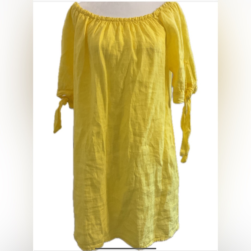 BELLAMBRA Sunny Yellow 100% Linen Off-Shoulder with ties Dress.